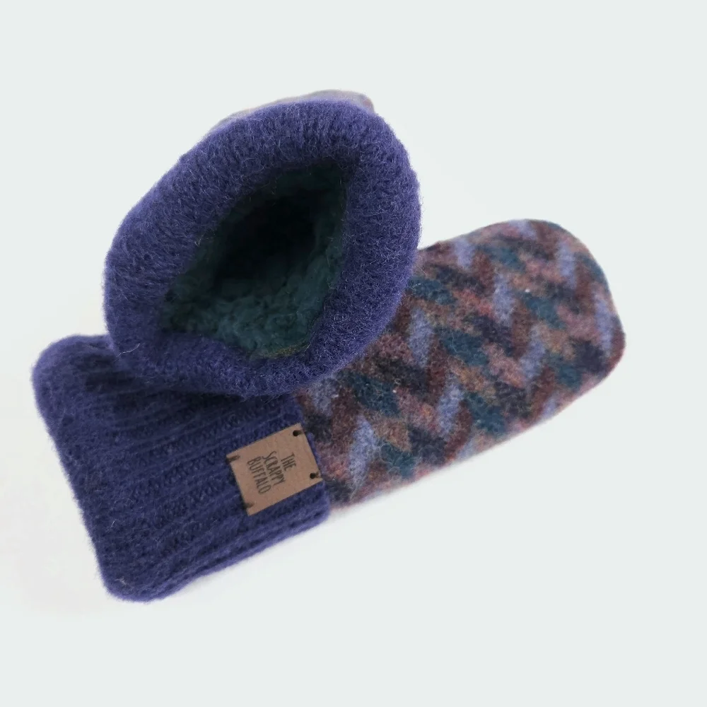 Upcycled Navy Blue and Brown Big Kids Wool Mittens Sherpa Lining Children's